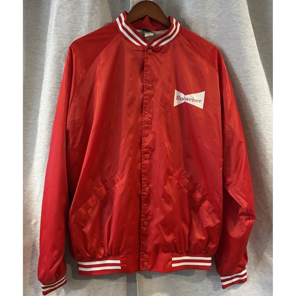 Budweiser Satin Bomber Jacket Mens XL Red Varsity Snap Front Junk Food Vintage